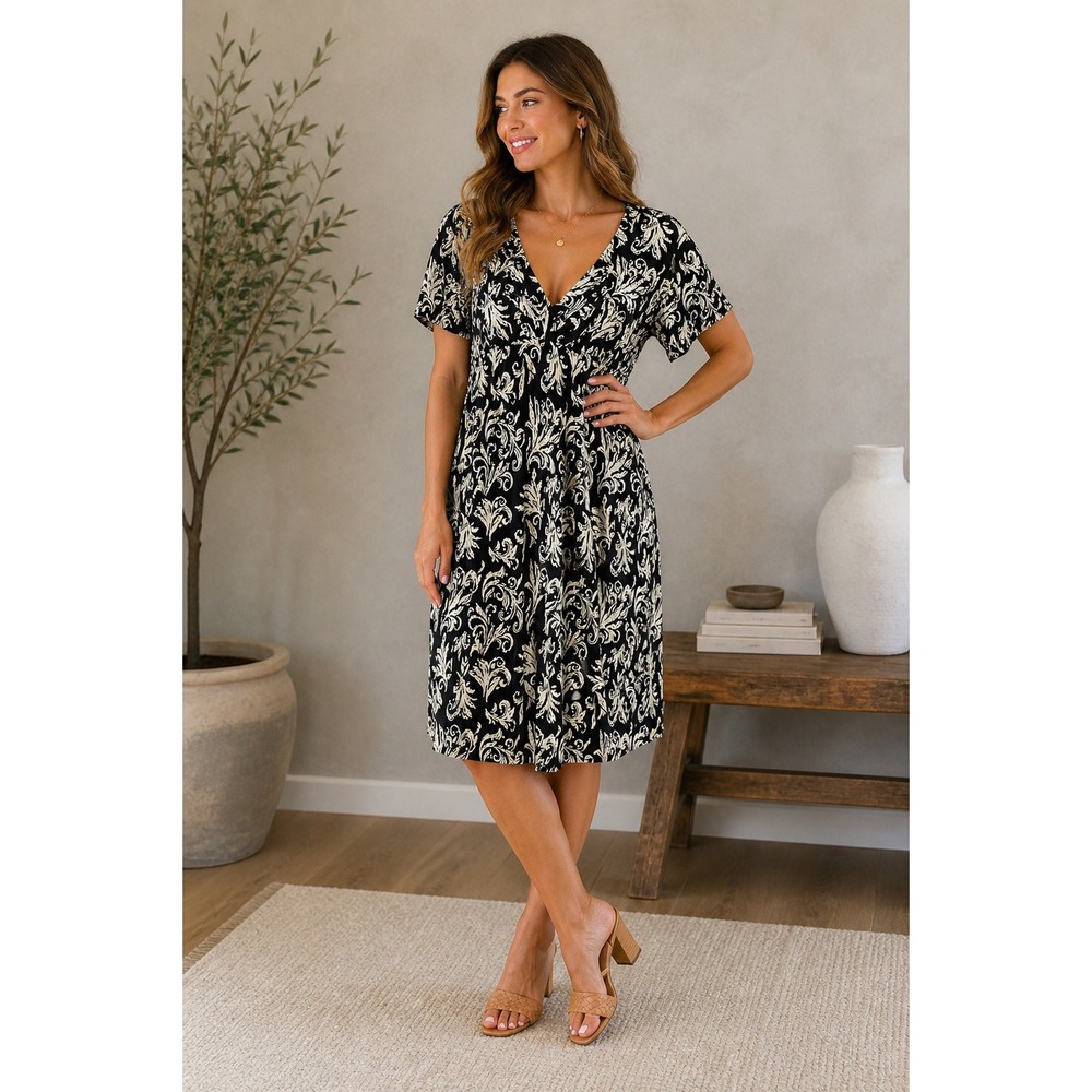 Maple Womens Black White Damask Scroll 100% Silk Empire Waist Midi Dress Large